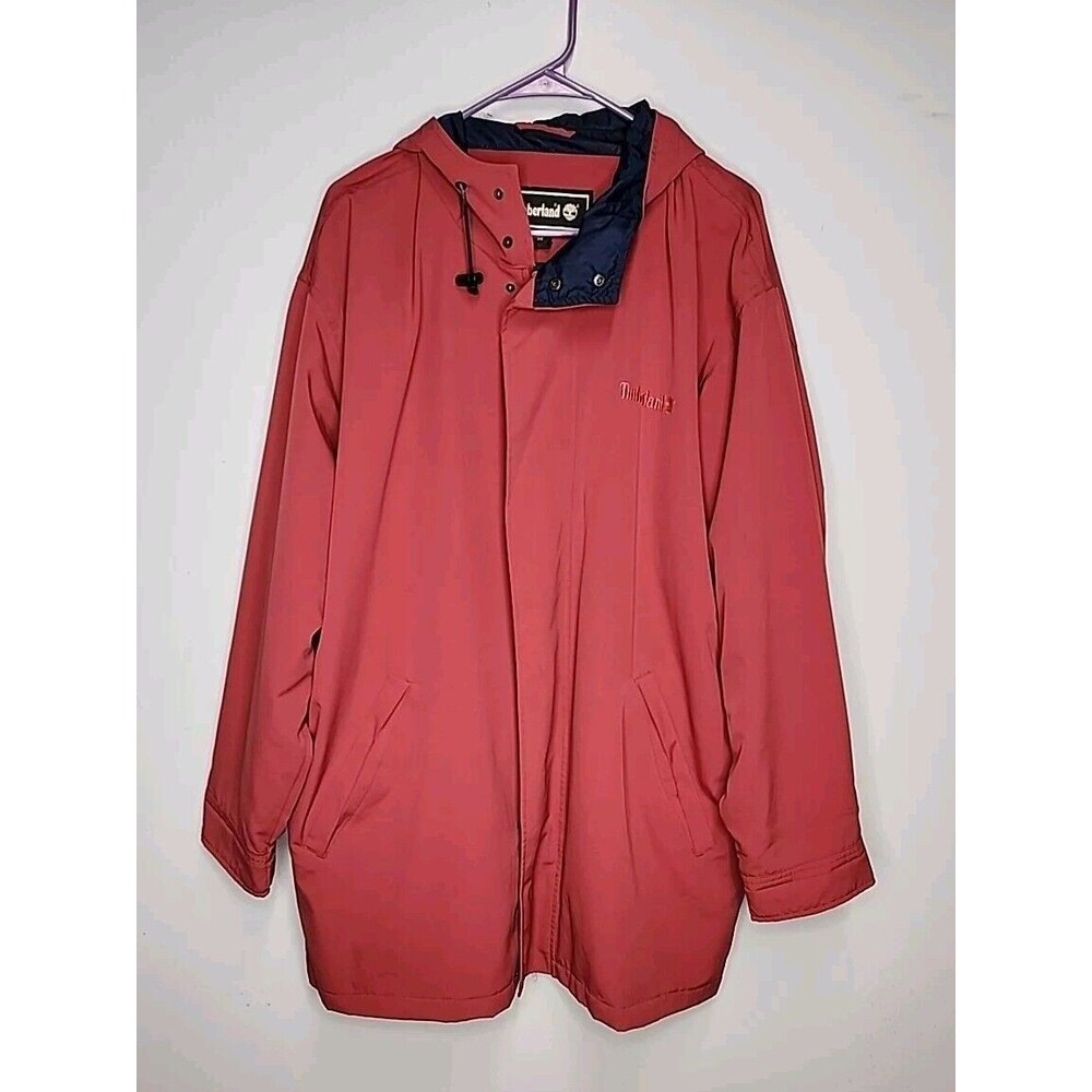 Timberland Jacket Mens Medium Rust Red Raincoat Waterproof with Hood EUC